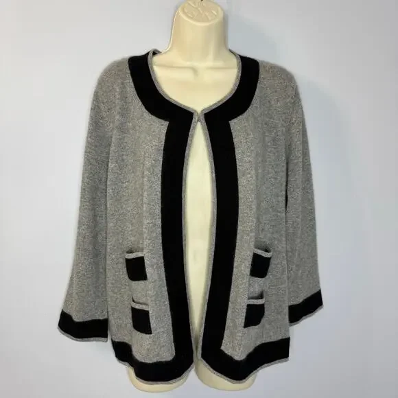 Neiman Marcus Cashmere Grey Black Trim Cardigan Sweater Feminist Luxury Womens L - Picture 1 of 9
